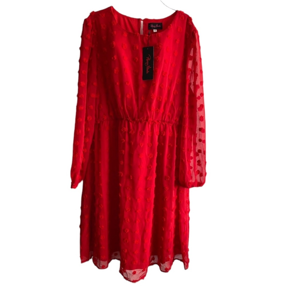 Chiffon Swiss Dot Empire Dress Plus Size Red Long Sheer Sleeve Elastic Waist 18W